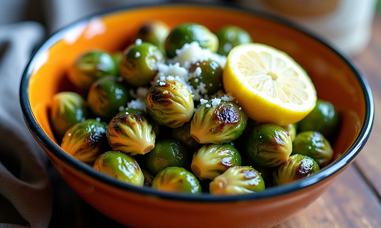 Couve de Bruxelas assada com limão e parmesão.