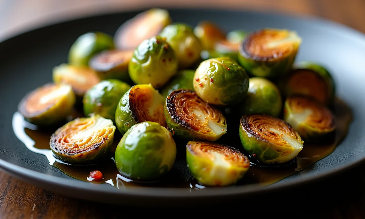 Couve de Bruxelas assada com pimenta caiena e maple syrup.