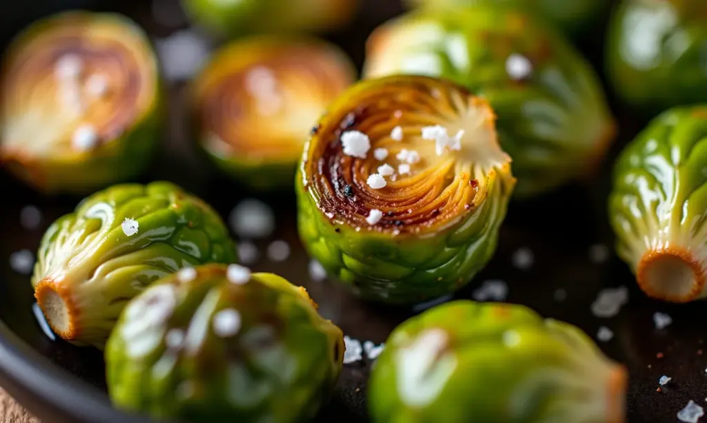 Couve de Bruxelas assada, crocante e dourada.