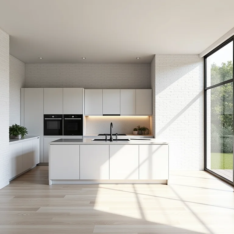 Cozinha americana com tijolinho branco integrada à sala de estar