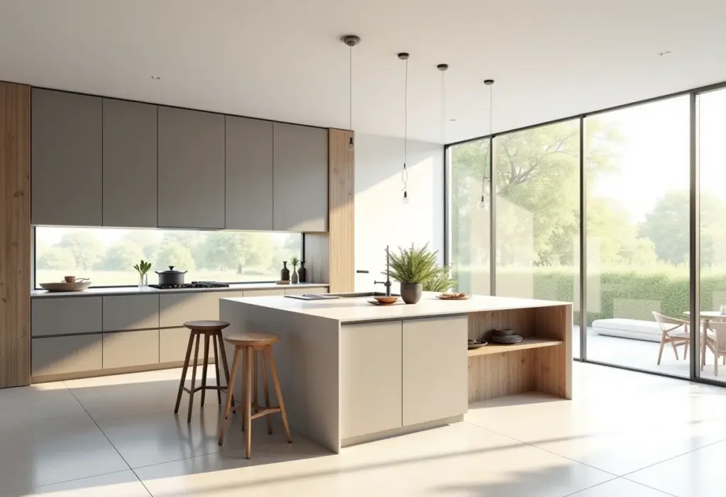 Cozinha americana moderna com bancada de destaque