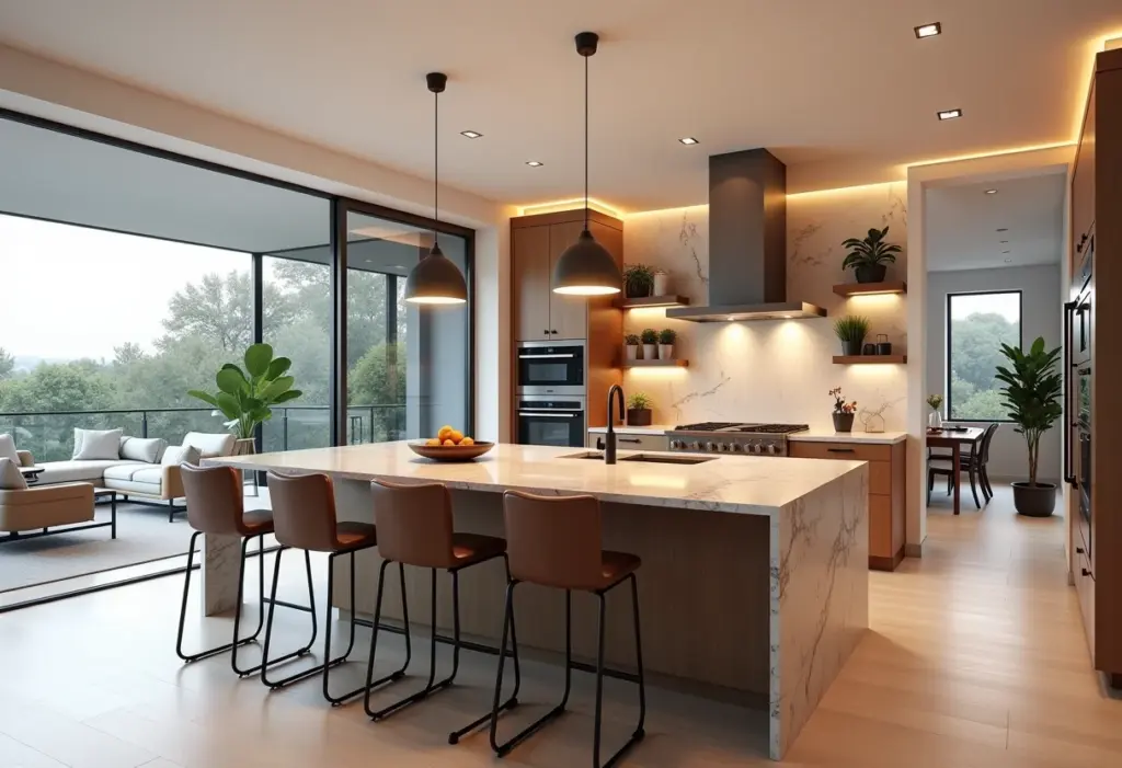 Cozinha americana moderna com bancada de granito e iluminação pendente