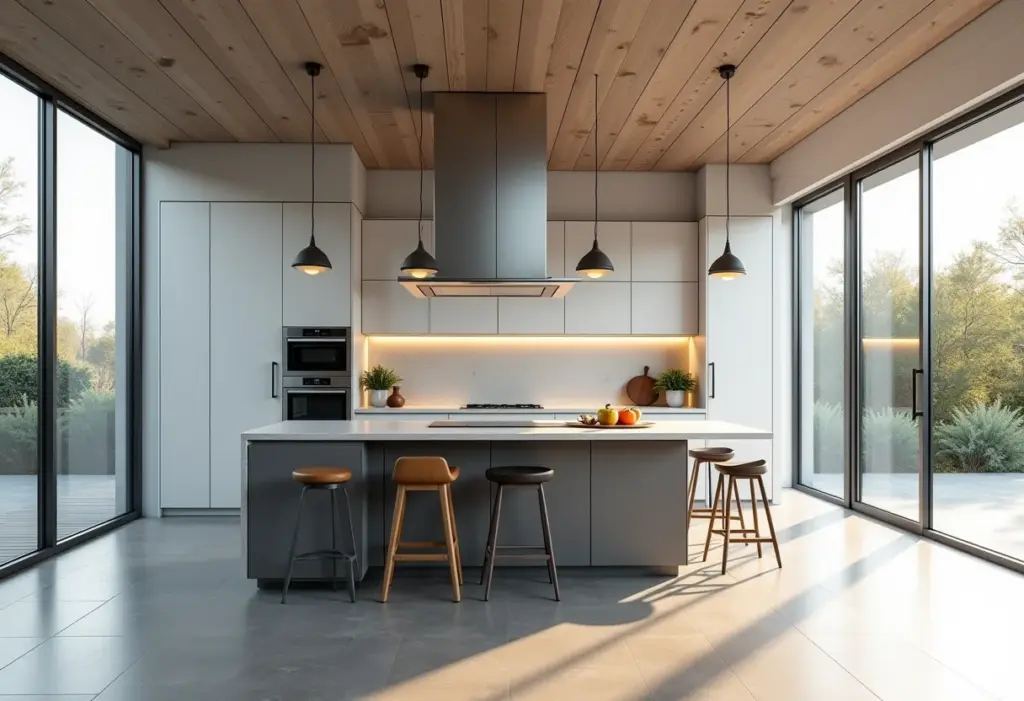 Cozinha americana moderna com bancada em ilha e detalhes em vidro e metal.