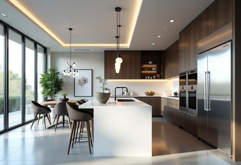 Cozinha americana moderna com detalhes em vidro e metal, iluminação natural.