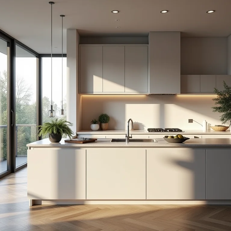 Cozinha americana moderna com falta de espaço de armazenamento, bancada desorganizada.