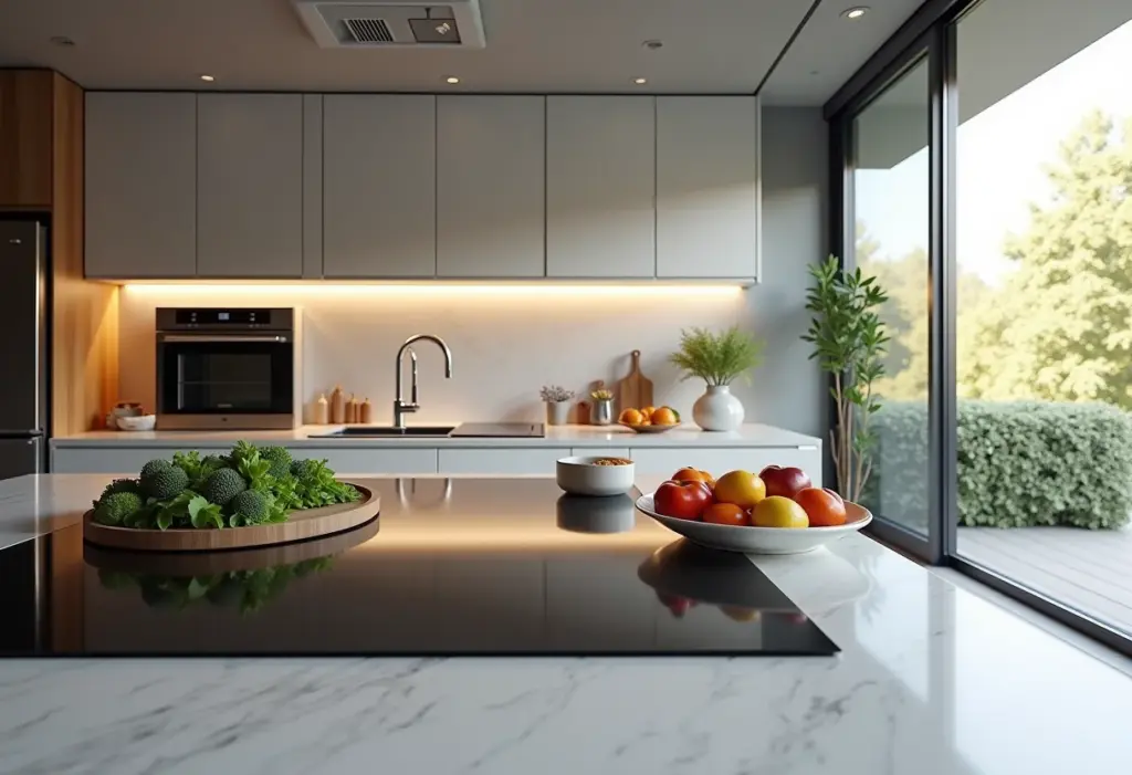 Cozinha americana moderna com ilha central e detalhes em vidro e metal