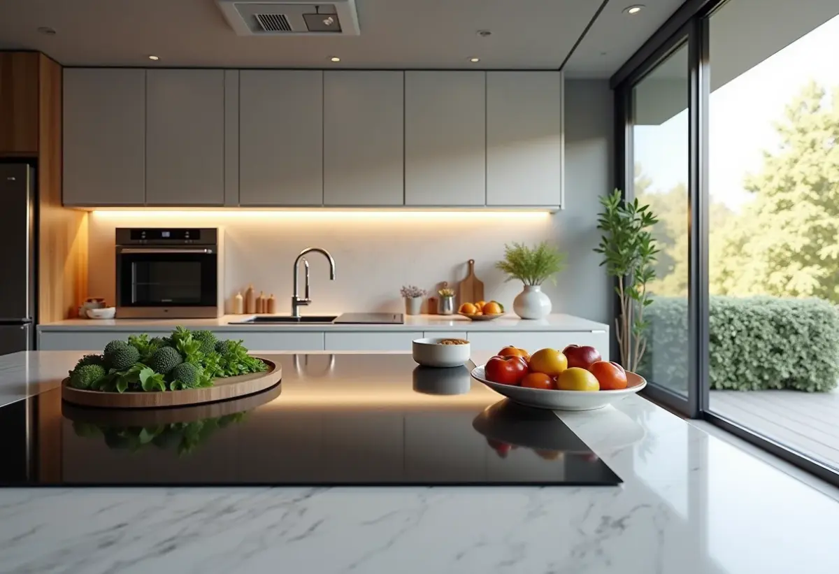 Cozinha americana moderna com ilha central e detalhes em vidro e metal