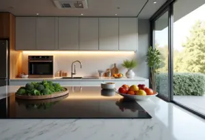 Cozinha americana moderna com ilha central e detalhes em vidro e metal
