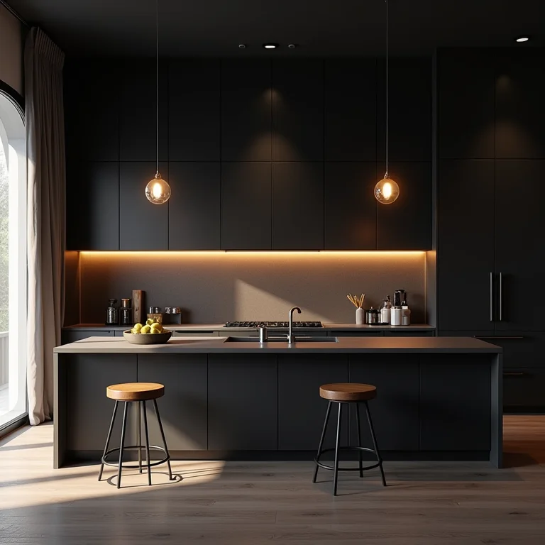 Cozinha americana moderna com iluminação mal planejada, com áreas escuras.