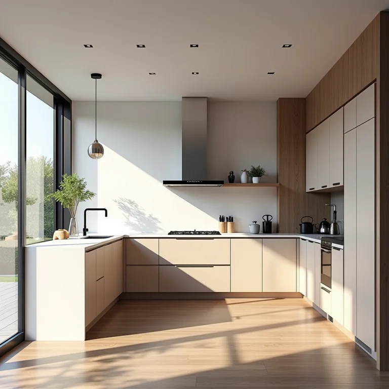 Cozinha americana moderna com layout ineficiente, ignorando o triângulo de trabalho.