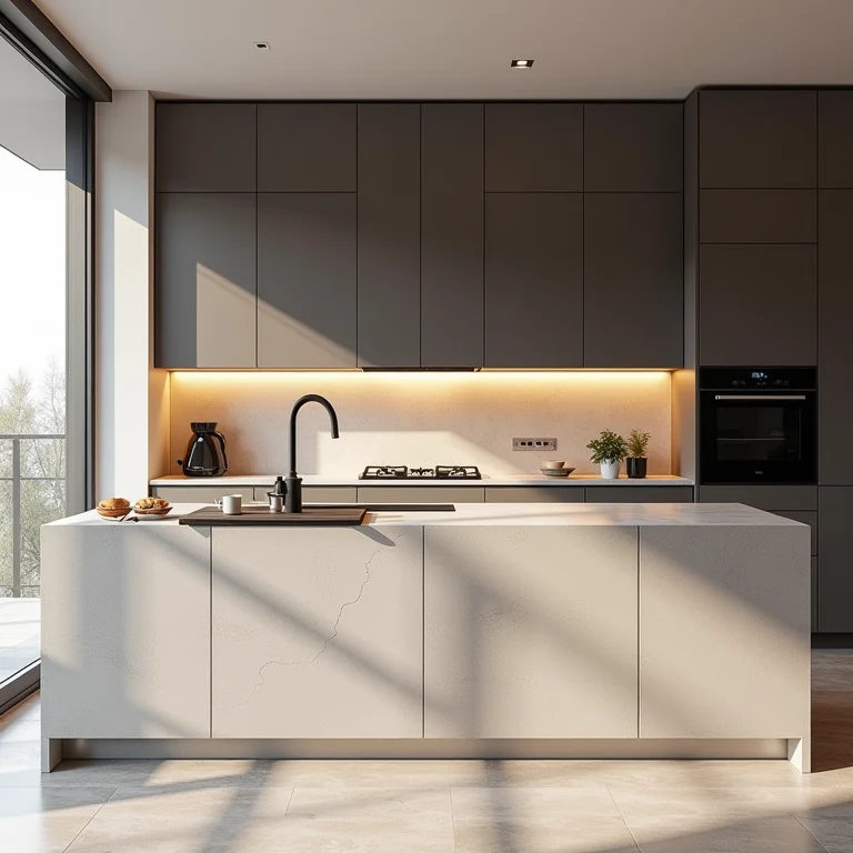 Cozinha americana moderna com materiais e revestimentos inadequados, bancada danificada.