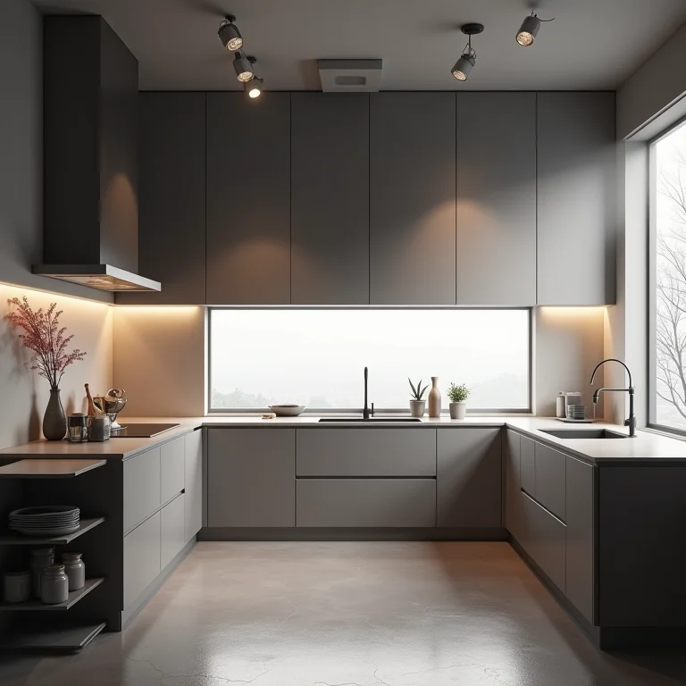 Cozinha americana moderna com ventilação inadequada, mostrando vapor e fumaça.