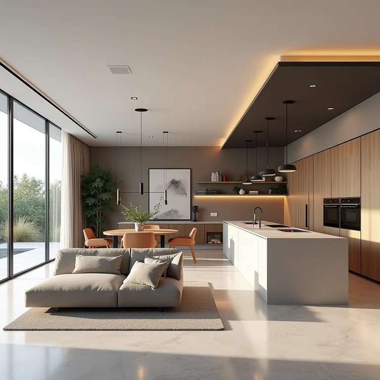 Cozinha americana moderna integrada à sala de estar, conceito aberto.