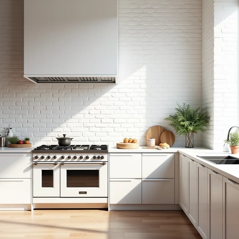 Cozinha atemporal com tijolinho branco e eletrodomésticos modernos