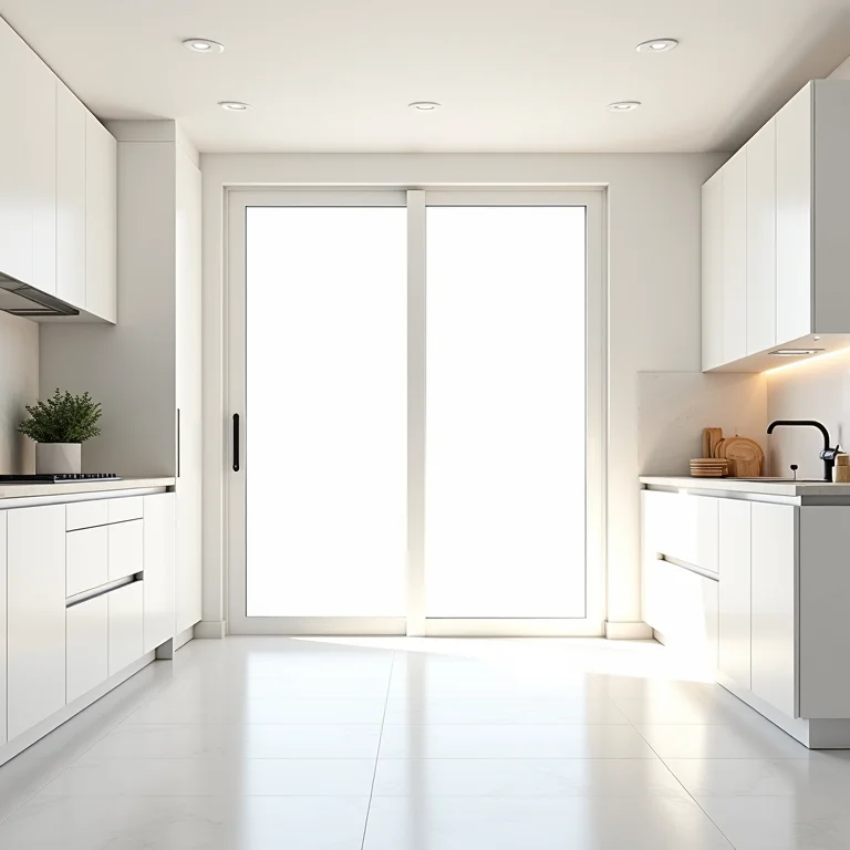 Cozinha bem iluminada com porta de correr que maximiza a entrada de luz natural