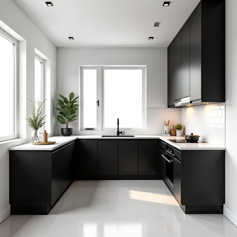 Cozinha com armários pretos e paredes brancas