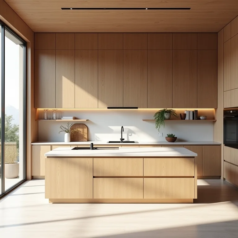 Cozinha com elementos de madeira natural e sustentável.