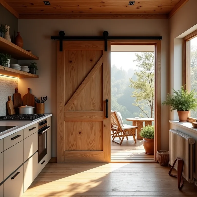 Cozinha com porta de correr de madeira, aconchego e sofisticação