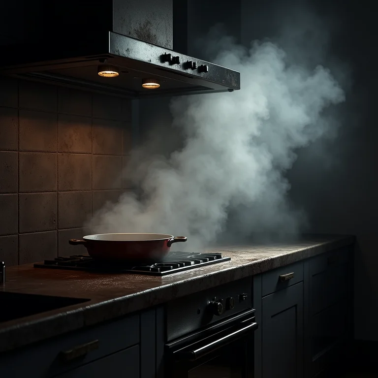 Cozinha com ventilação inadequada acumulando fumaça e gordura.