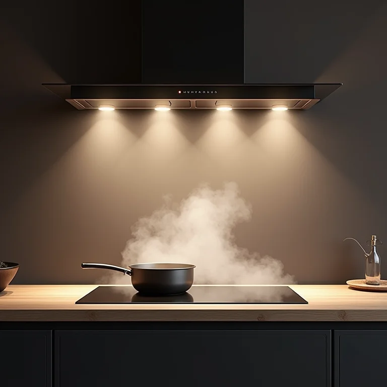 Cozinha com ventilação inadequada e iluminação precária sobre a ilha.