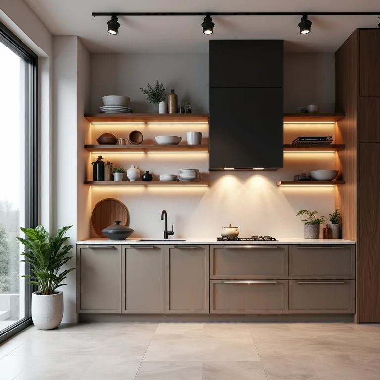 Cozinha de estilo industrial com design pouco funcional e prateleiras de metal.