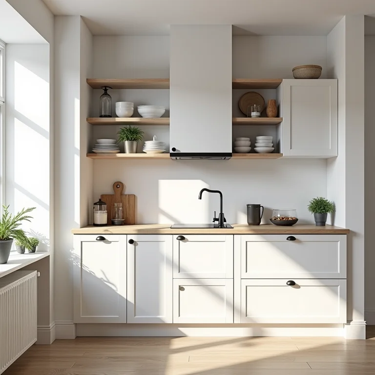 Cozinha escandinava bem organizada com soluções de armazenamento funcional.