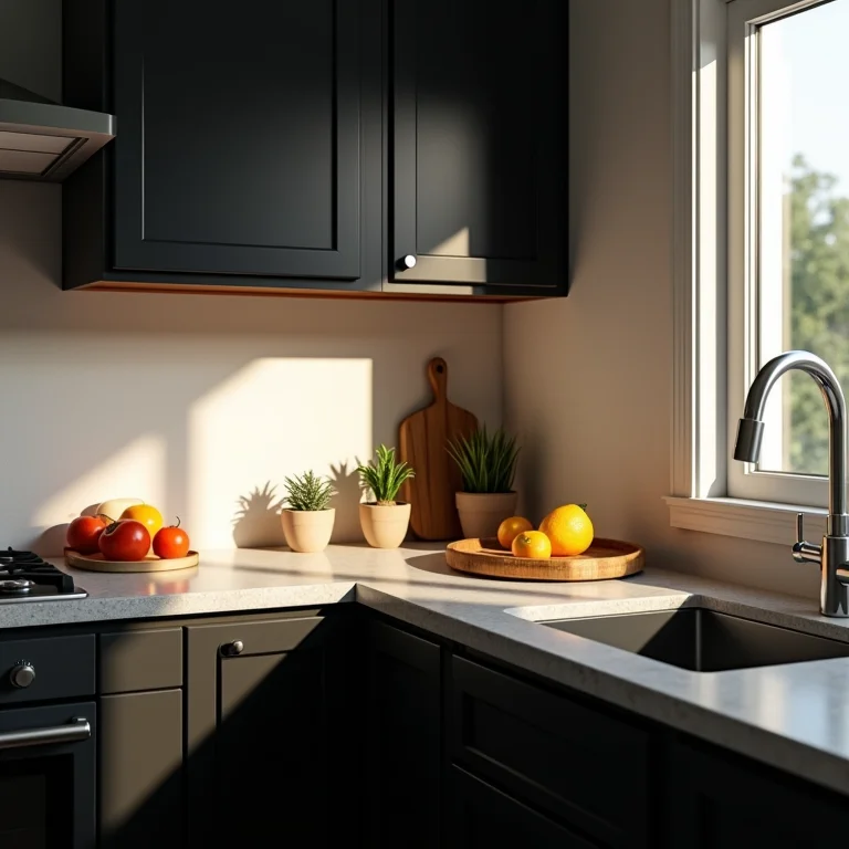 Cozinha escura com armários pretos e falta de iluminação