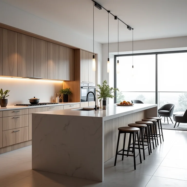 Cozinha espaçosa com ilha central e bancada americana com pia e assentos.