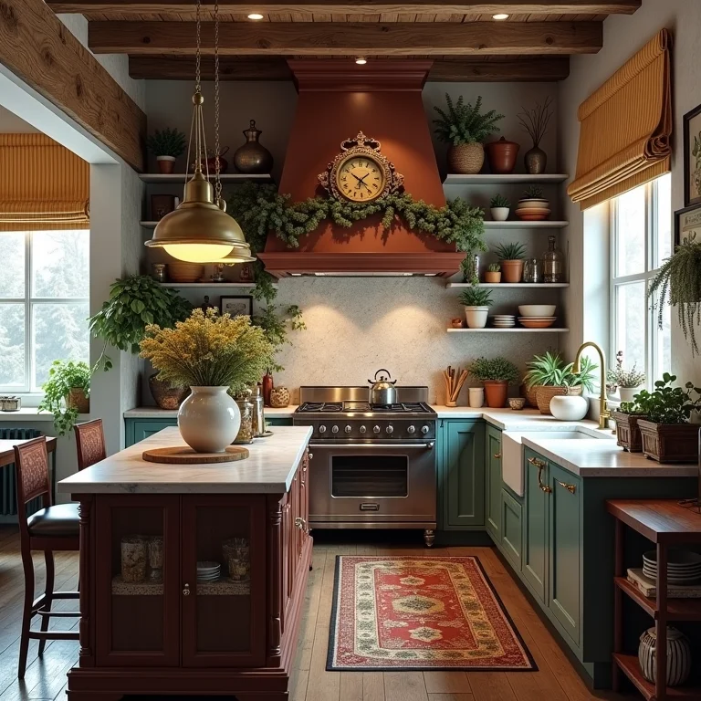 Cozinha excessivamente decorada com muitos objetos e estilos diferentes.