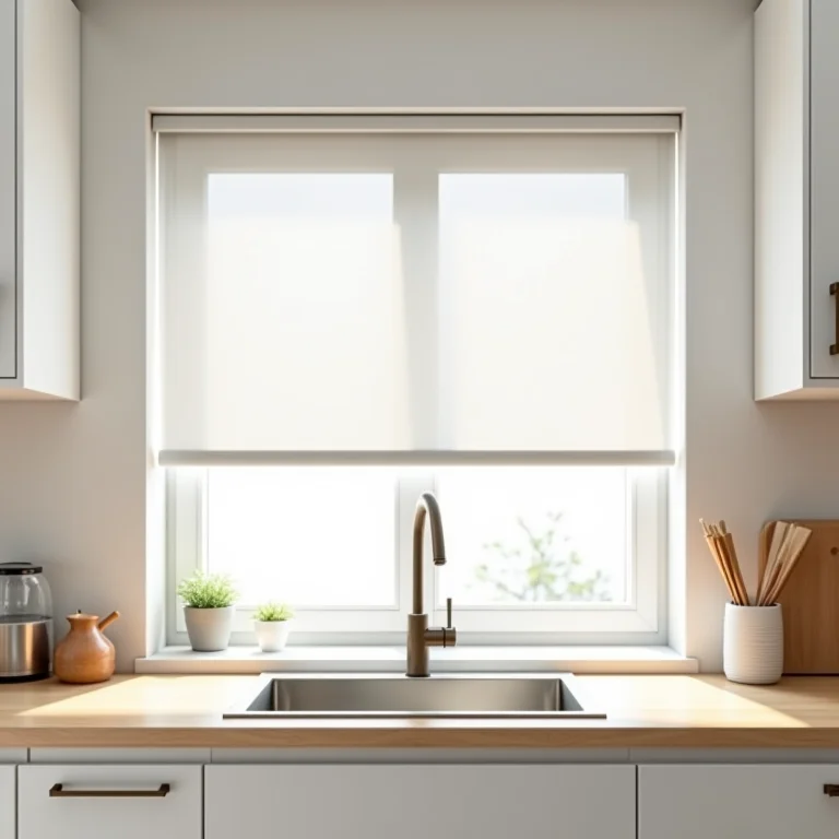 Cozinha iluminada com cortina rolô prática.