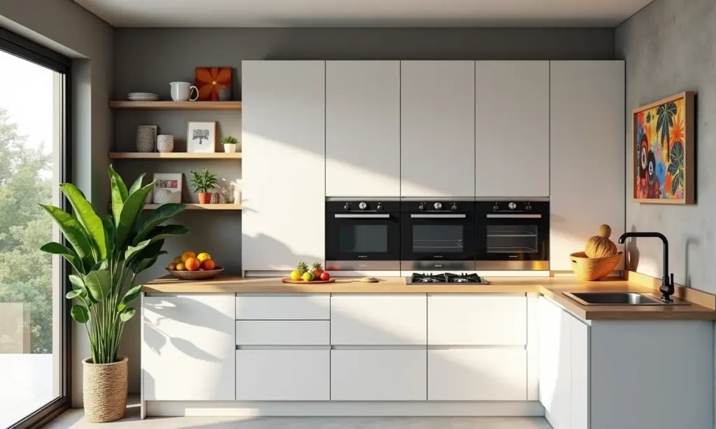 Cozinha moderna brasileira com torre quente embutida e eletrodomésticos de aço inoxidável.