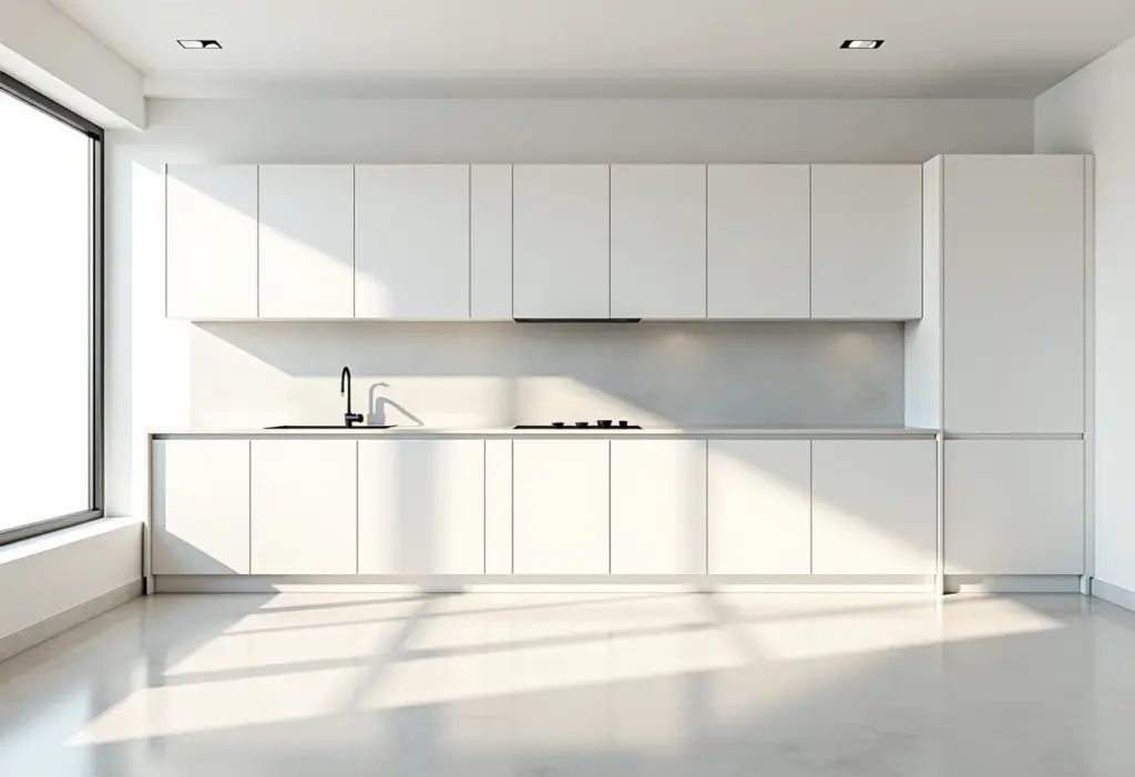 MDF ou MDP: O guia definitivo para escolher o melhor material Cozinha moderna com armários brancos, alguns danificados pela água.