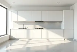 MDF ou MDP: O guia definitivo para escolher o melhor material Cozinha moderna com armários brancos, alguns danificados pela água.