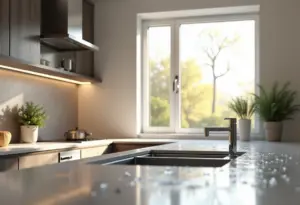 MDF ou MDP: Qual o melhor para seus móveis? Guia definitivo! Cozinha moderna com armários elegantes e gotas de água na bancada.