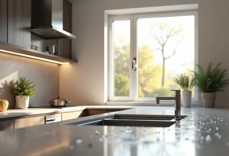 Cozinha moderna com armários elegantes e gotas de água na bancada.