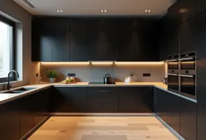 Cozinha moderna com armários pretos e bancada de madeira clara