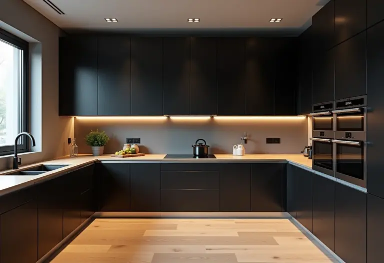Cozinha moderna com armários pretos e bancada de madeira clara