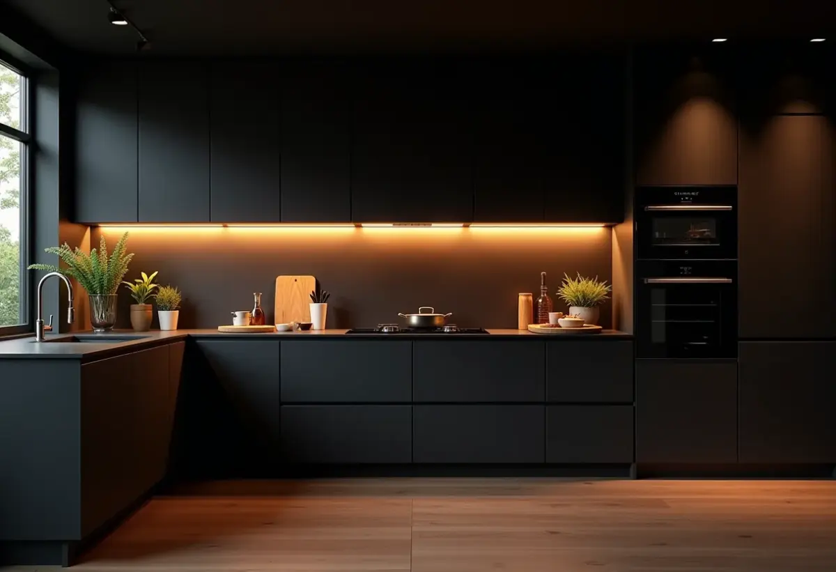 Cozinha moderna com armários pretos e iluminação aconchegante