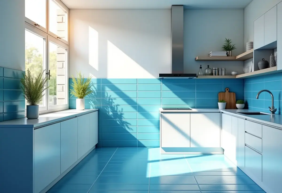 Cozinha moderna com azulejos azuis recém-pintados