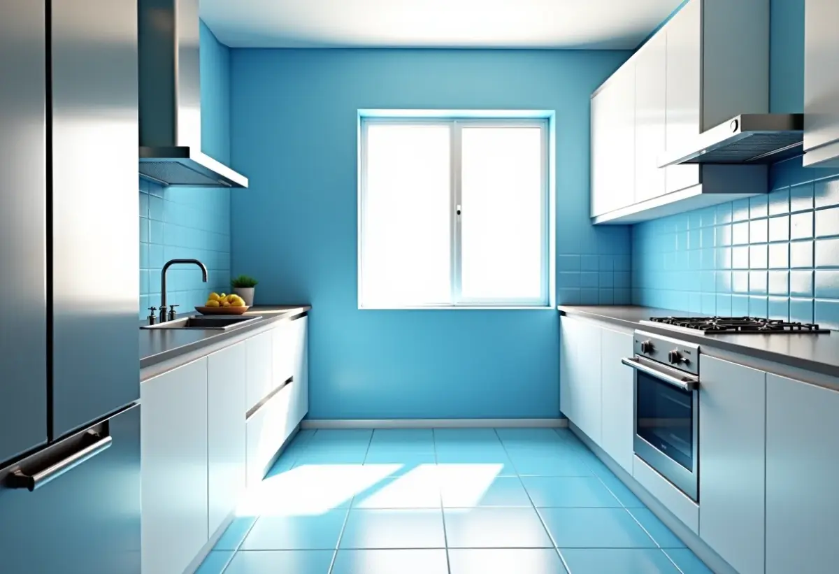 Cozinha moderna com azulejos recém-pintados de azul