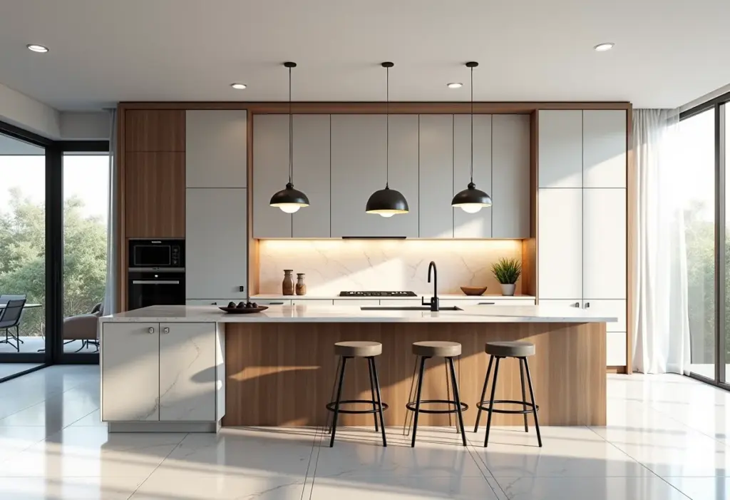 Cozinha moderna com bancada americana de madeira e mármore, iluminação elegante e banquetas.