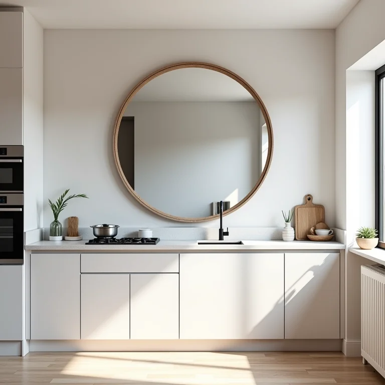 Cozinha moderna com detalhe de espelho redondo