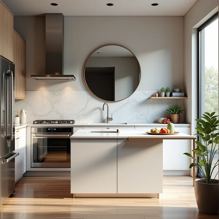 Cozinha moderna com espelho redondo como backsplash.