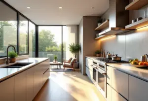 Cozinha moderna com ilha central e design minimalista