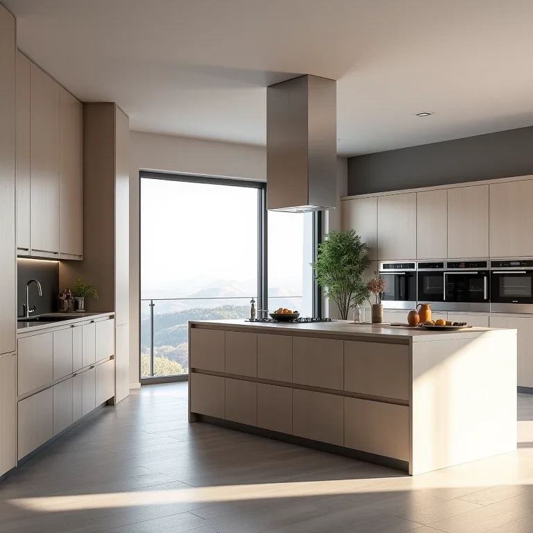 Cozinha moderna com ilha e eletrodomésticos de aço inoxidável