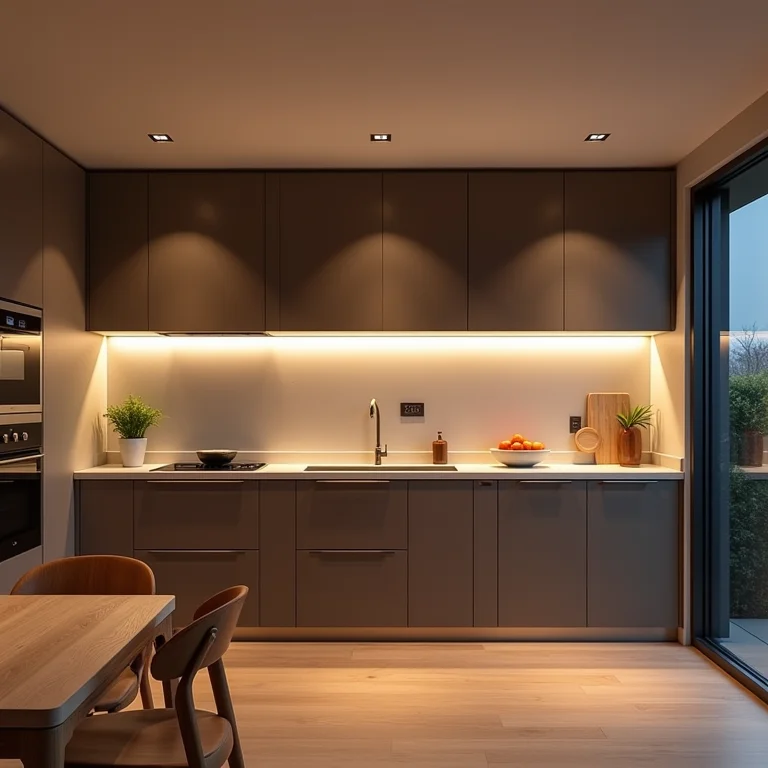 Cozinha moderna com iluminação indireta eficiente em termos de energia.