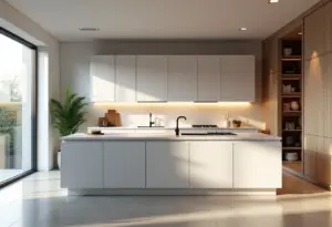 Cozinha moderna com iluminação natural e design clean