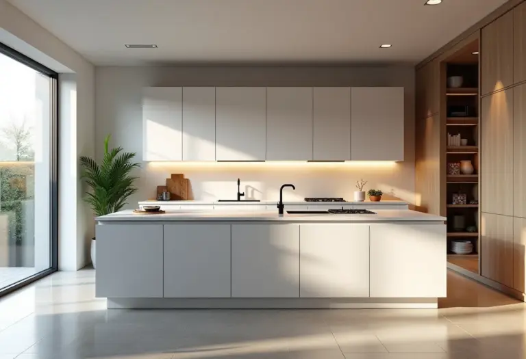 Cozinha moderna com iluminação natural e design clean
