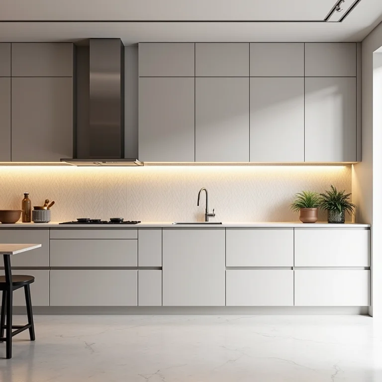 Cozinha moderna com papel de parede 3D geométrico.