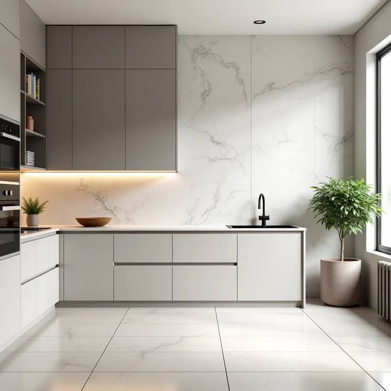 Cozinha moderna com papel de parede 3D imitando azulejos